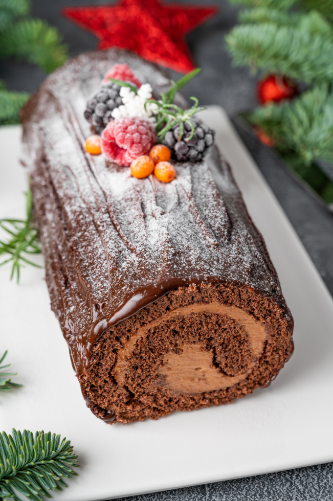 A traditional bûche de Noël, the classic French Christmas dessert shaped like a log