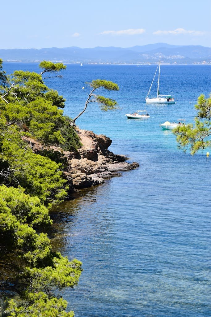 Tranquil seaside view with boats and lush greenery on Porquerolles Island, France.