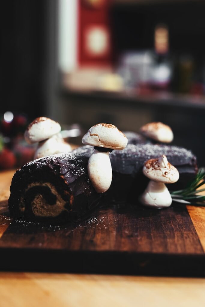 A traditional bûche de Noël, the classic French Christmas dessert shaped like a log