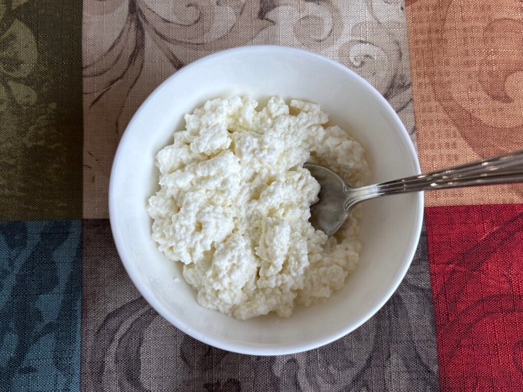 A bowl of homemade cottage cheese