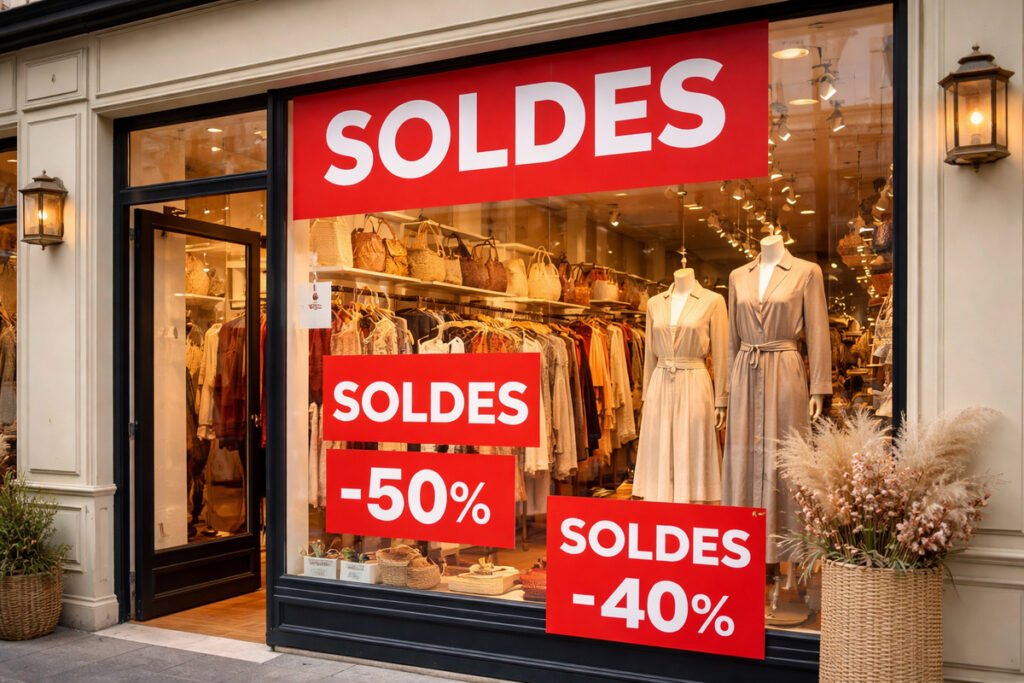 A French storefront advertising soldes.