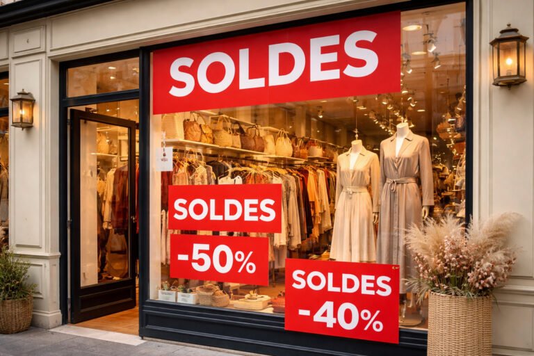 A French storefront advertising soldes.