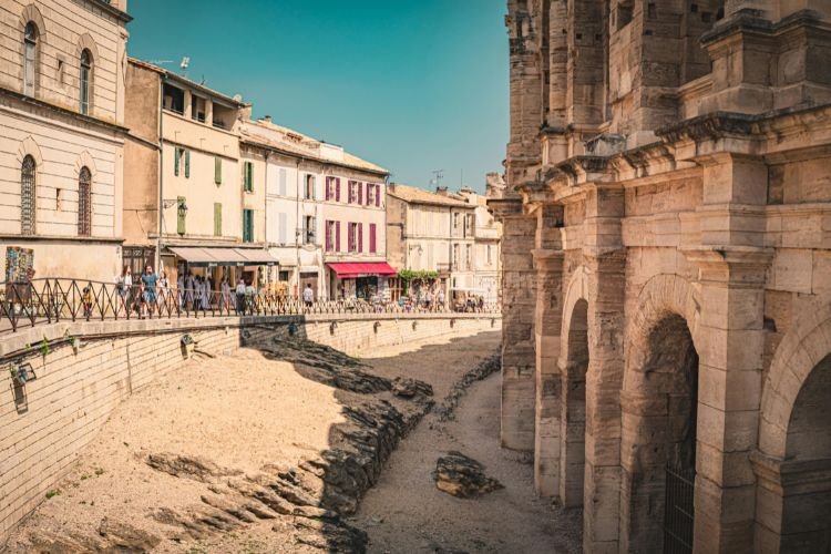 Roman amphitheater and city street in Arles, France
