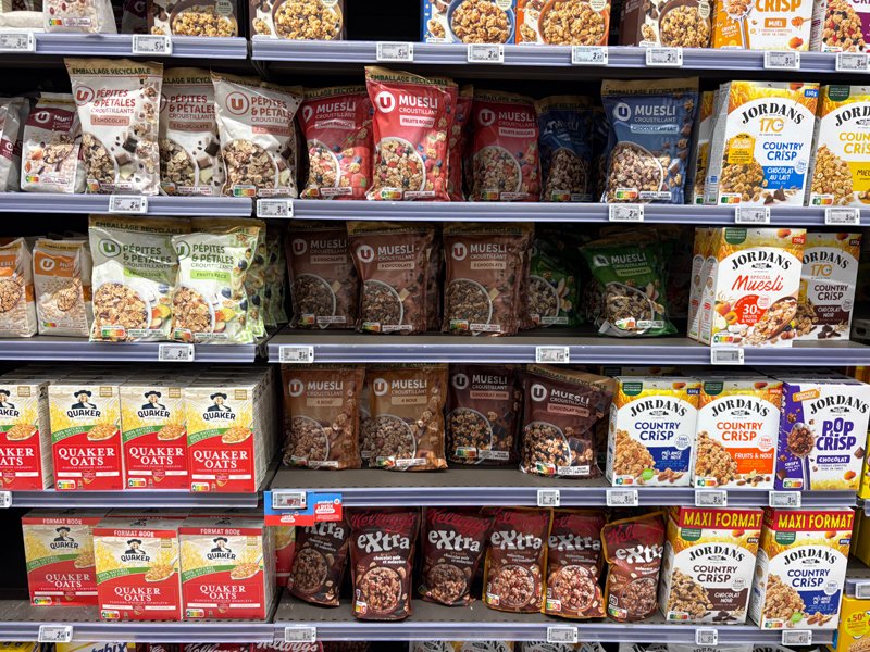 Chocolate cereals on grocery shelves
