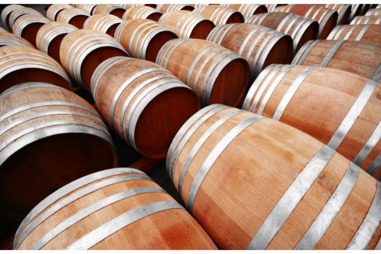 Wine stained French wine barrels on thier side.